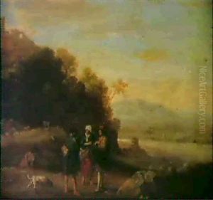 Three Shepherds Conversing On A Hillside Overlooking A River Valley Whilst Another Seated Man Watches A Dog Nearby