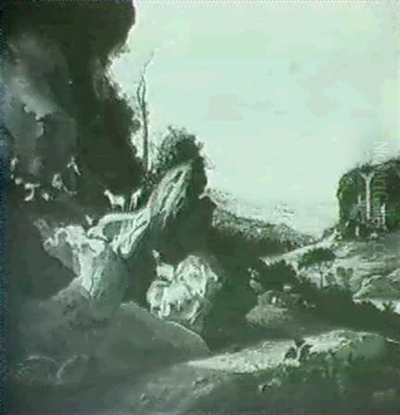 An Extensive Landscape With Goats Clambering Over Rocks,    Watched By Goatherds - view 1