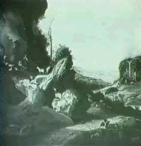 An Extensive Landscape With Goats Clambering Over Rocks,    Watched By Goatherds