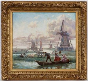 Paysage De Campagne Hollandais Avec Paysans Et Animaux by Paul Henri Breham