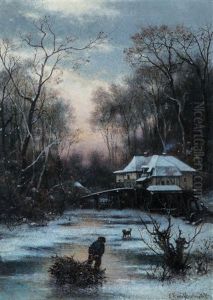 Abendliche Winterlandschaft Mit Zugefrorenem Flusslauf by Karl Breitbach