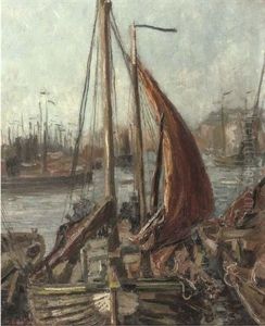 Boats In The Harbour Of Scheveningen by Carl August Breitenstein
