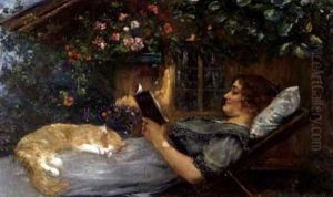 Lesende Mit Katzchen Im Garten Lesende Mit Katzchen Im Garten