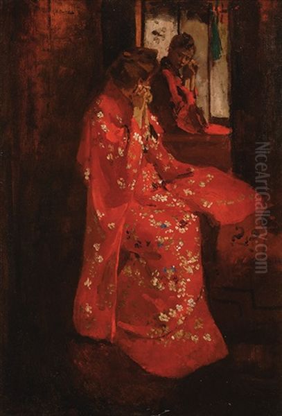 Girl In Red Kimono In Front Of A Mirror - view 1
