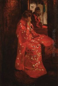 Girl In Red Kimono In Front Of A Mirror by George Hendrik Breitner