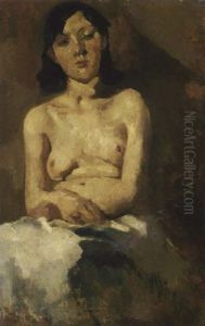 Zittend Naakt Met Lichtblauwe Doek by George Hendrik Breitner