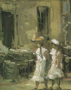 Zwei Madchen In Sonntagstracht In Der Amsterdamer Altstadt by George Hendrik Breitner