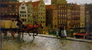 A Working Horse Pulling A Loaded Wagon On The Prins Hendrikkade, Amsterdam, With The Damrak Beyond A Working Horse Pulling A Loaded Wagon On The Prins Hendrikkade, Amsterdam, With The Damrak Beyond