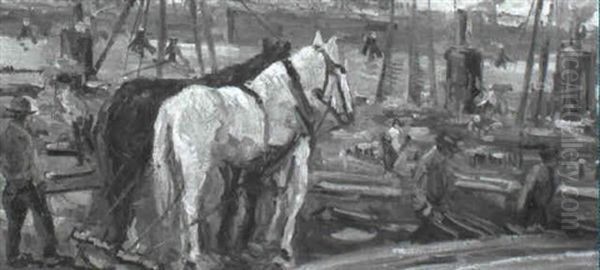 Dock Scene With Work Horses And Laborers - view 1
