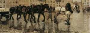 View In A Belgian Town With Workhorses Drawing A Cart View In A Belgian Town With Workhorses Drawing A Cart