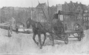 A Worker On A Horse-drawn Cart On The Damrak, Amsterdam, Coming From The Brugsteeg by George Hendrik Breitner