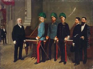 Besuch Kaiser Franz Joseph I. Und Kronprinz Rudolf Und Erzherzog Wilhelm In Der Klavierfabrik Bernhard Kohn by Theodor Breitwieser