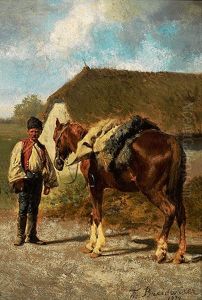 Portrait Eines Ungarn In Tracht Mit Gesatteltem Pferd Vor Reetgedeckter Kate by Theodor Breitwieser