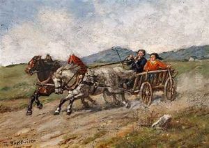 A Russian Scene With Persons In A Horse Carriage by Theodor Breitwieser