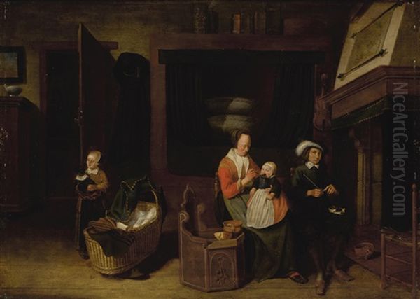 An Interior Scene With An Artist And His Family - view 1