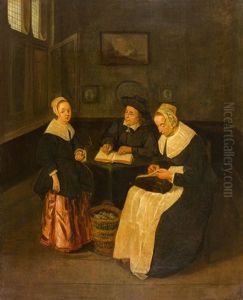 Interieur Mit Zwei Frauen Und Einem Herrn by Quiringh Gerritsz van Brekelenkam