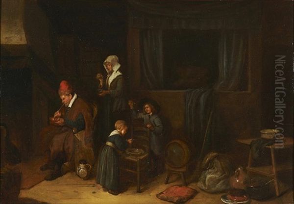 A Kitchen Interior With A Family Eating Before A Fire - view 1