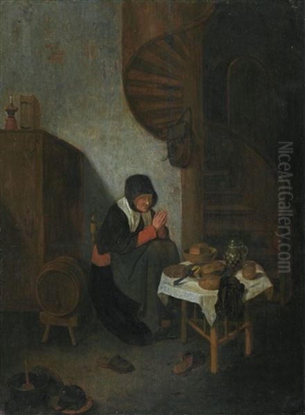 An Old Woman In An Interior Saying Grace Before A Meal - view 1