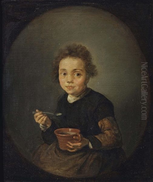 Portrait Of A Little Girl Eating Porridge, In A Feigned Oval - view 1