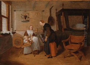 Interieur Mit Einer Jungen Frau Am Spinnrad Und Einer Magd by Quiringh Gerritsz van Brekelenkam