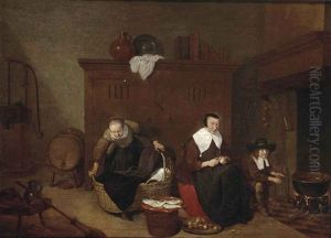 A Kitchen Interior With A Maid Peeling Turnips, A Woman Tending To A Baby And A Boy Warming His Hands By The Fire