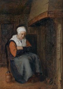 Interieur Mit Einer Am Feuer Sitzenden Frau by Quiringh Gerritsz van Brekelenkam
