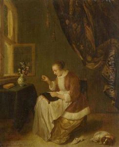 Junge Dame Mit Hund Beim Sticken Am Fenster by Quiringh Gerritsz van Brekelenkam