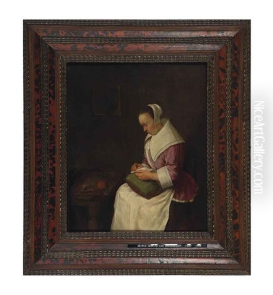 A Woman Sitting At A Table Doing Her Mending - view 1