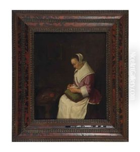 A Woman Sitting At A Table Doing Her Mending