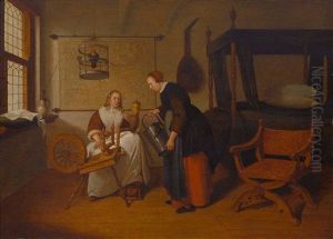 Junge Frau Am Spinnrad Und Magd Mit Geflugel by Quiringh Gerritsz van Brekelenkam