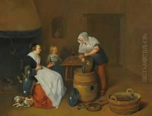 A Woman Talking With Her Maid In A Kitchen Interior With A Child, A Dog And A Fire