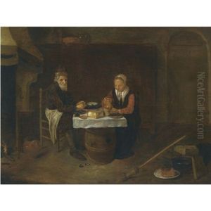 A Modest Interior With An Elderly Couple Seated At A Table, Eating Mussels And Bread