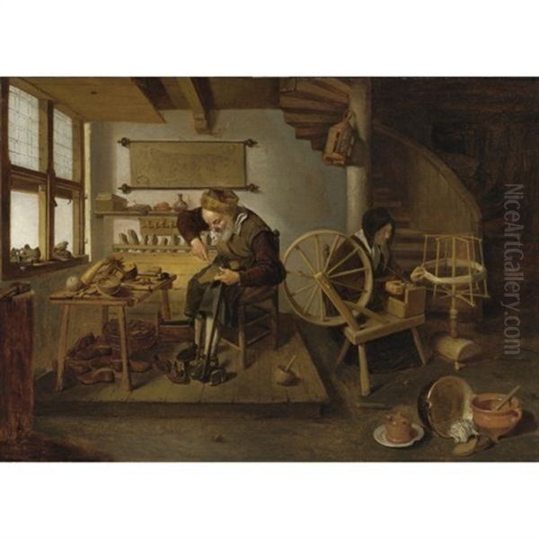A Cobbler At Work, His Wife Spinning Wool - view 1