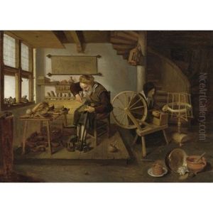 A Cobbler At Work, His Wife Spinning Wool