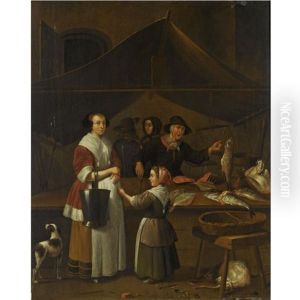 A Woman And A Young Girl Buying Fish At A Market Stall by Quiringh Gerritsz van Brekelenkam