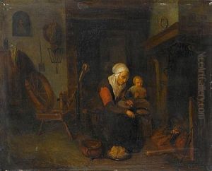 A Kitchen Interior With A Woman And Her Child By A Stove
