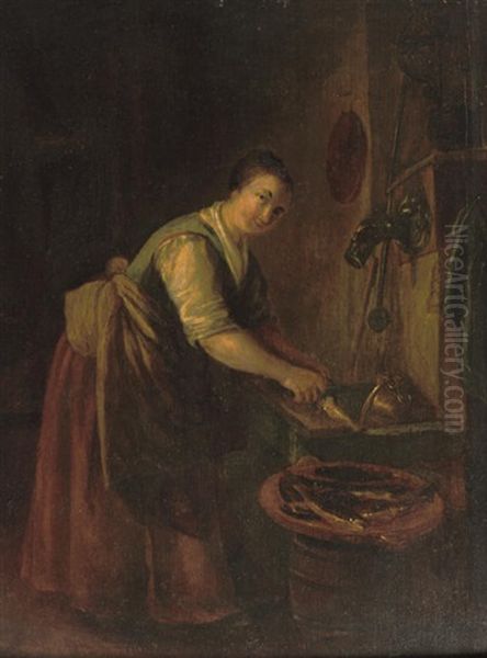 A Peasant Woman Cleaning Fish In An Interior - view 1