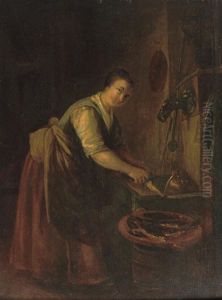 A Peasant Woman Cleaning Fish In An Interior