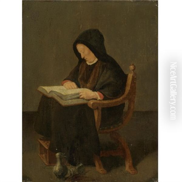 A Seated Woman Reading A Book In An Interior - view 1