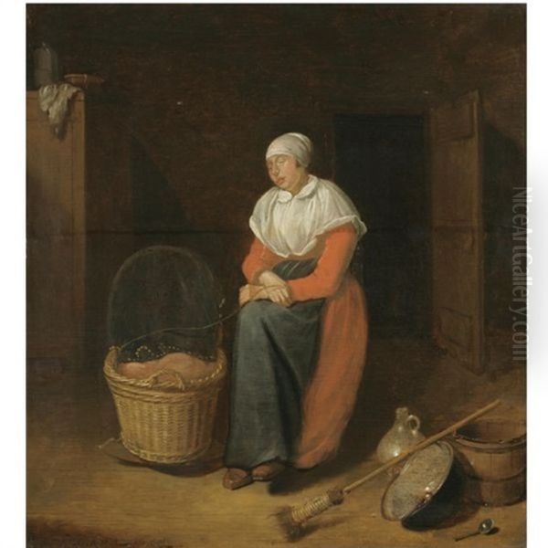 An Interior With A Woman Sitting By A Cradle - view 1