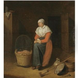 An Interior With A Woman Sitting By A Cradle