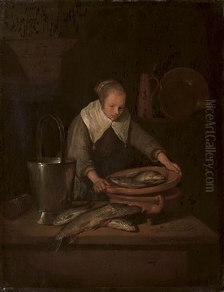 A Young Maid Preparing Fish In A Kitchen - view 1