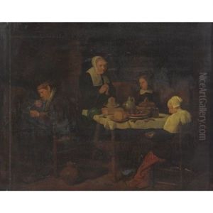 A Family At Prayer In A Kitchen Interior