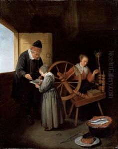 Interior With A School Master Teaching A Young Girl To Read, Another Girl Seated At A Spinning Wheel