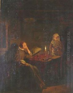 A Woman Resting At A Table In A Candlelit Interior, Another Bearing A Clay Pot Nearby