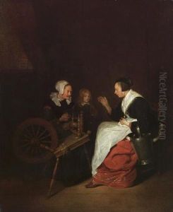 A Cottage Interior With A Woman At A Spinning Wheel With A Young Boy And A Maid by Quiringh Gerritsz van Brekelenkam