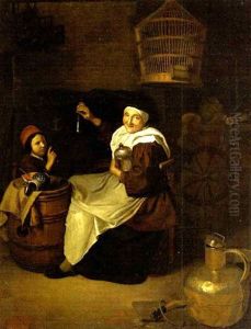 Eine Alte Frau Mit Einem Knaben In Einer Stube, Die Nagelprobe by Quiringh Gerritsz van Brekelenkam