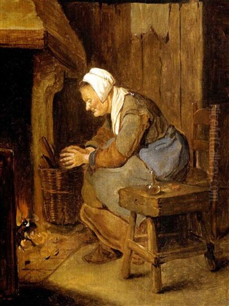 Eine Alte Frau, Die Sich Am Feuer Warmt - view 1