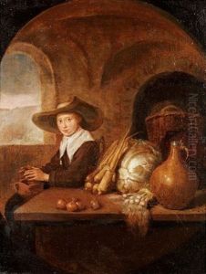 A Young Woman Selling Vegetables Warming Her Hands On A Brazier by Quiringh Gerritsz van Brekelenkam
