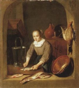 Kuchenmagd Schuppt Fische Am Fenster